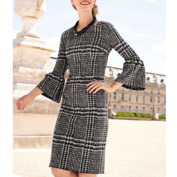 Talbots Dresses & Skirts - Talbots Sheath Dress Womens Size 10 Gala Glen Black White Plaid Bell Sleeve New